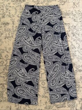 Clara Sun Woo Navy and White Paisley wide leg palazzo Pull-On Pants size XL